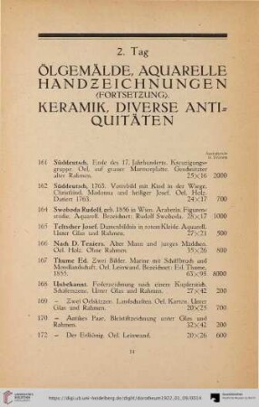 2. Tag: Ölgemälde, Aquarelle, Handzeichnungen  Keramik, Diversem Antiquitäten (Nr. 161-335)