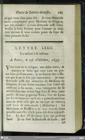 Lettre LXXII. La même à la même. A Paris, le 28. d´Octobre, 1695