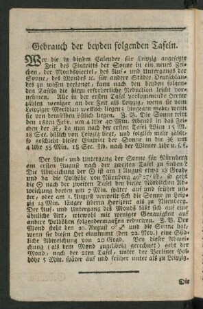 Gebrauch der beyden folgenden Tafeln