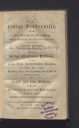 18ten April 1821 ... der Rector und die Professoren des Gymnasiums