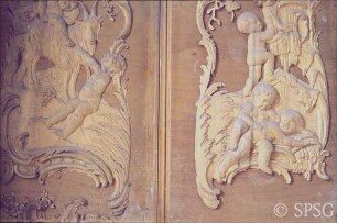 Berlin, Schloss Charlottenburg, Neuer Flügel, Speisesaal (Weißer Saal), R. 362, Richtung Süd/Ost, Detail einer Tür während Restaurierungsarbeiten.