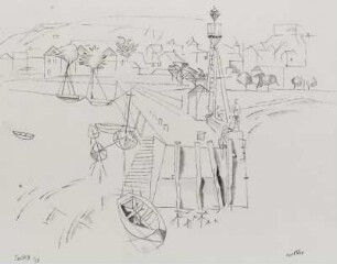 Hafen mit Booten, Bojenturm und Badenden