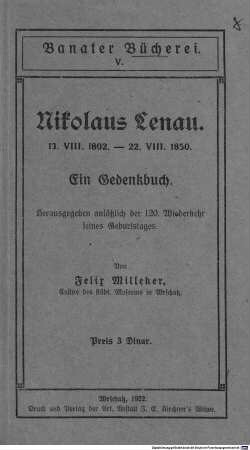 Nikolaus Lenau : 13. VIII. 1802 - 22. VIII. 1850 ; ein Gedenkbuch