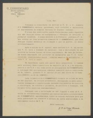 [Carta do diretor da revista "O Commentario" aos leitores]