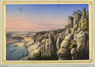 Das Felsenmassiv der Bastei in der Sächsischen Schweiz, von der Basteibrücke aus, Blick nach Westen ins Elbtal