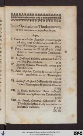 Index Opusculorum Theologicorum, in hoc volumine comprehensorum.