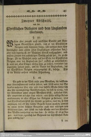Zweyter Abschnitt, von der Christlichen Religion und dem Unglauben überhaupt
