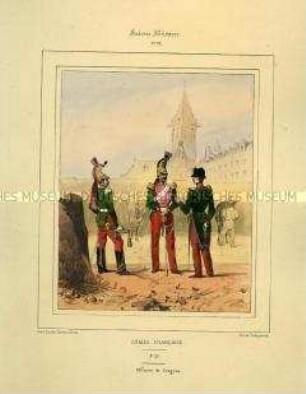Uniformdarstellung, Trompeter und Offiziere des Dragoner-Regiments, Königreich Frankreich, 1840/1847. Tafel Nr. 78 aus: Galerie Militaire.