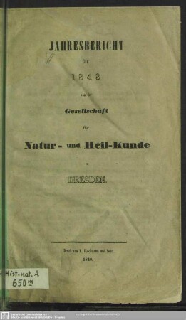 1848: Jahresbericht der Gesellschaft für Natur- und Heilkunde in Dresden