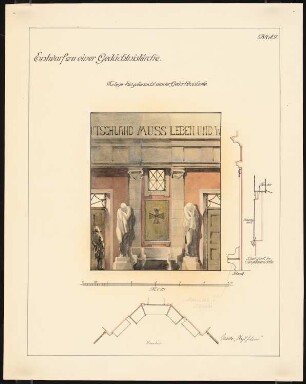 Gedächtniskirche mit Gedenkhalle Schinkelwettbewerb 1920: Teilinnenansicht der Gedenkhalle, Schnitte und Grundrissausschnitt 1:25