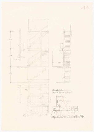 Aufgabenblätter und Zeichenvorlagen Treppenläufe: Wie Inv.Nr. 42456, aber mit Skizze Loggia rechts unten: Treppe, Stufen, Schnitte, zu zeichnen 1:20, Details 1:10