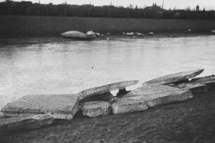 Eisschollen am Ufer : Eisschollen am Ufer der Weißen Elster (heute Elsterflutbett). KGV " An der Dammstraße", Bethanienkirche, Schule