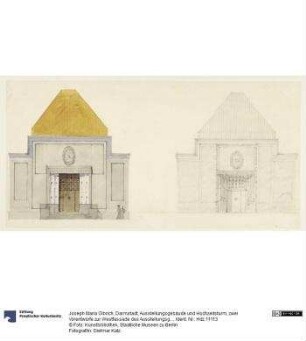 Darmstadt, Ausstellungsgebäude und Hochzeitsturm, zwei Vorentwürfe zur Westfassade des Ausstellungsgebäudes