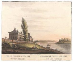 Ansicht von Schloss Pillnitz, Kupferstich, um 1800 : Schloss Pillnitz an der Elbe ohnweit Dresden = Le Chateau de Pillnitz sùr Lèlbe non l'oin de Dresde. - Dresden : C. G. Morasch , [um 1800]. - 1 Kunstbl. : kolor. Kupferst. ; 34 x 25 cm