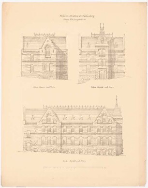 Neues Klassengebäude des Victoria-Instituts, Falkenberg/Mark: Aufriss des Westfassade, Aufriss der Ostfassade, Aufriss der Südfassade 1:100