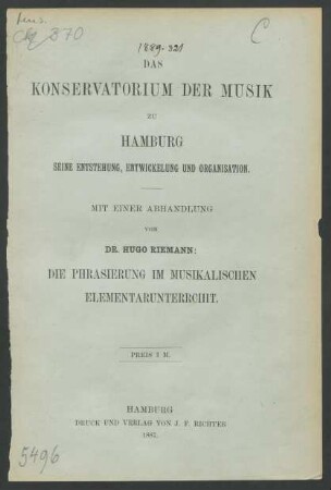 Das Konservatorium der Musik zu Hamburg : seine Entstehung, Entwickelung und Organisation