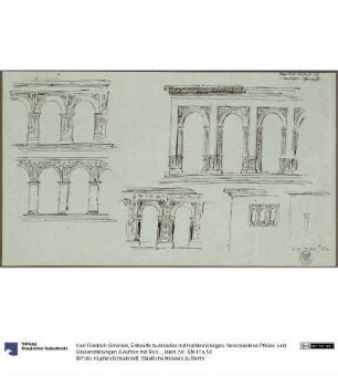 Entwürfe zu Arkaden mit Halbkreisbögen. Verschiedene Pfeiler- und Säulenstellungen & Aufriss mit Rundbogenfenstern