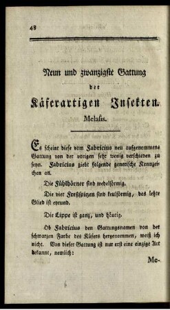 Neun und zwanzigste Gattung der Käferartigen Insekten. Melasis.