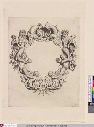 [Kartusche mit Meermännern und Meerkindern umgeben von Muschelwerk und Delfinen; Cartouche met kwabornament, bovenaan een schelp geflankeerd door dolfijnen]