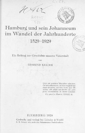 Hamburg und sein Johanneum im Wandel der Jahrhunderte 1529 - 1929 : ein Beitrag zur Geschichte unserer Vaterstadt