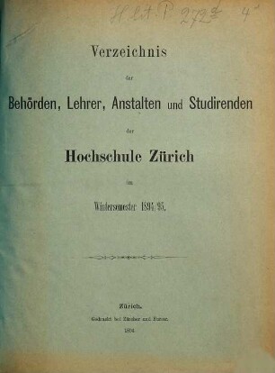 Verzeichnis der Behörden, Dozenten, Anstalten und Studierenden. 1894/95, WS