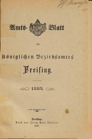 Amts-Blatt des Bezirksamtes Freising. 1886