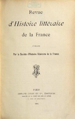 Revue d'histoire littéraire de la France : revue trimestrielle, 1. 1894