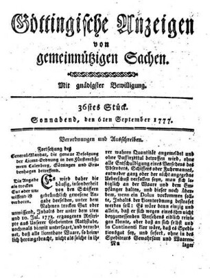 36stes Stück. Sonnabend, den 6ten September 1777.