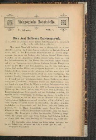 Miss Anni Sullivans Erziehungswerk : im Anschluß an Fräulein Helen Kellers Selbstbiographie