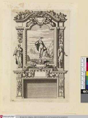 Livre d'Architecture d'Autels, et de Cheminees, Bl. 8 [Kamin mit einer von Füllhörnern flankierten Kartusche, darüber ein hochrechteckiges Seestück und Fortuna]