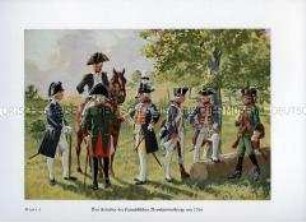 Uniformdarstellung, Infanteristen und Kavalleristen aus Hessen, Hannover, Kursachsen, Württemberg und Kurbayern, um 1790.