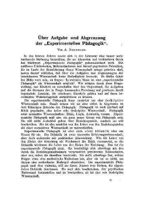 Über Aufgabe und Abgrenzung der "Experimentellen Pädagogik"
