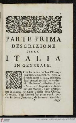 Parte prima: Descrizione dell'Italia in generale
