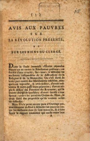 Avis Aux Pauvres Sur La Révolution Présente, Et Sur Les Biens Du Clergé