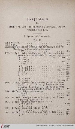 Verzeichnis der erläuterten oder zur Anwendung gebrachten Gesetze, Verordnungen usw.