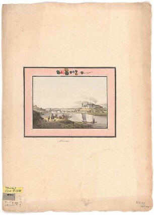 Ansicht von Meißen, Umrißradierung, um 1800 : [Stadt und Schloß Meißen]. - [S.l.] , [um 1800?]. - 1 Kunstbl. : kolor. Umrißradierung ; 18 x 14 cm