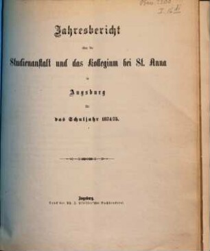 Jahresbericht : für d. Schuljahr .... 1874/75 (1875)