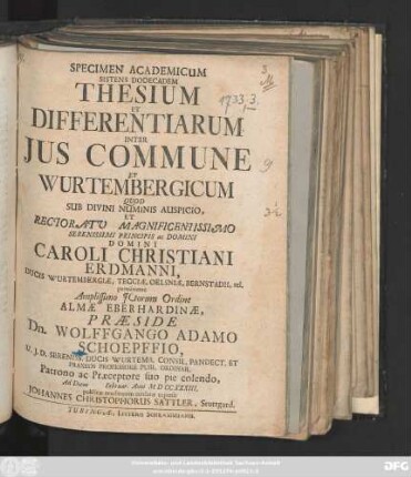Specimen Academicum Sistens Dodecadem Thesium Et Differentiarum Inter Jus Commune Et Wurtembergicum