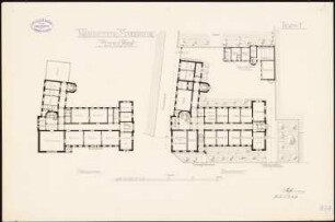 Landratsamt (Kreishaus), Marienburg Monatskonkurrenz März 1893 (wahrscheinlich die Originalzeichnung): Grundriss Erdgeschoss, Obergeschoss 1:200