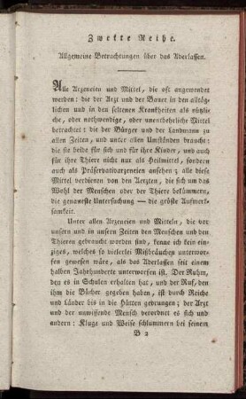 Zweite Reihe. Allgemeine Betrachtungen über das Aderlassen.