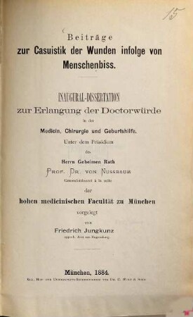 Beiträge zur Casuistik der Wunden infolge von Menschenbiss : Inaug. Diss.
