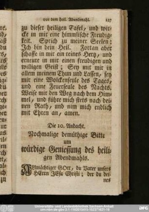 Die 10. Andacht. Nochmalige demüthige Bitte um würdige Geniessung des heiligen Abendmahls.