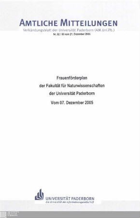 Frauenförderplan der Fakultät für Naturwissenschaften der Universität Paderborn : vom 07. Dezember 2005