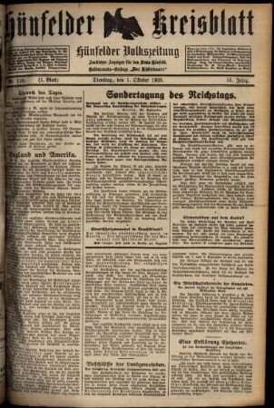 Erste Ausgabe vom Dienstag, den 01. Oktober 1929.