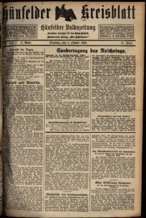 Erste Ausgabe vom Dienstag, den 01. Oktober 1929.