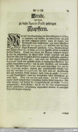 Bericht, von denen, zu dieser Specie Facti gehörigen Kupffern