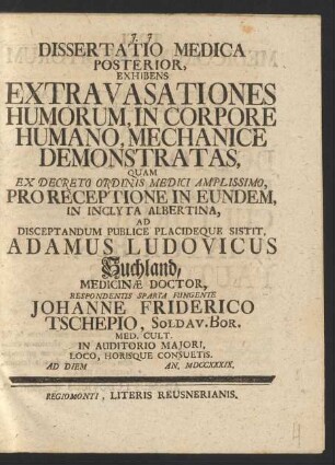 Dissertatio Medica Posterior, Exhibens Extravasationes Humorum, In Corpore Humano, Mechanice Demonstratas