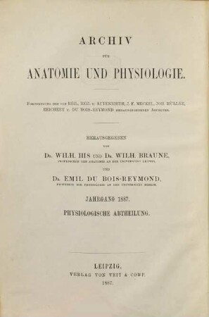 Archiv für Anatomie und Physiologie. Physiologische Abteilung, Archiv für Physiologie. 1887