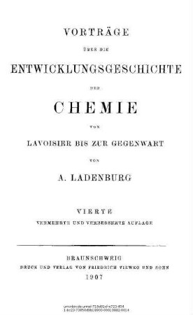 Vorträge über die Entwicklungsgeschichte der Chemie von Lavoisier bis zur Gegenwart