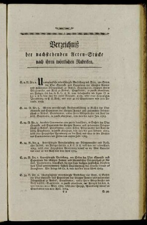 Verzeichniß der nachstehenden Acten-Stücke nach ihren wörtlichen Rubriken.